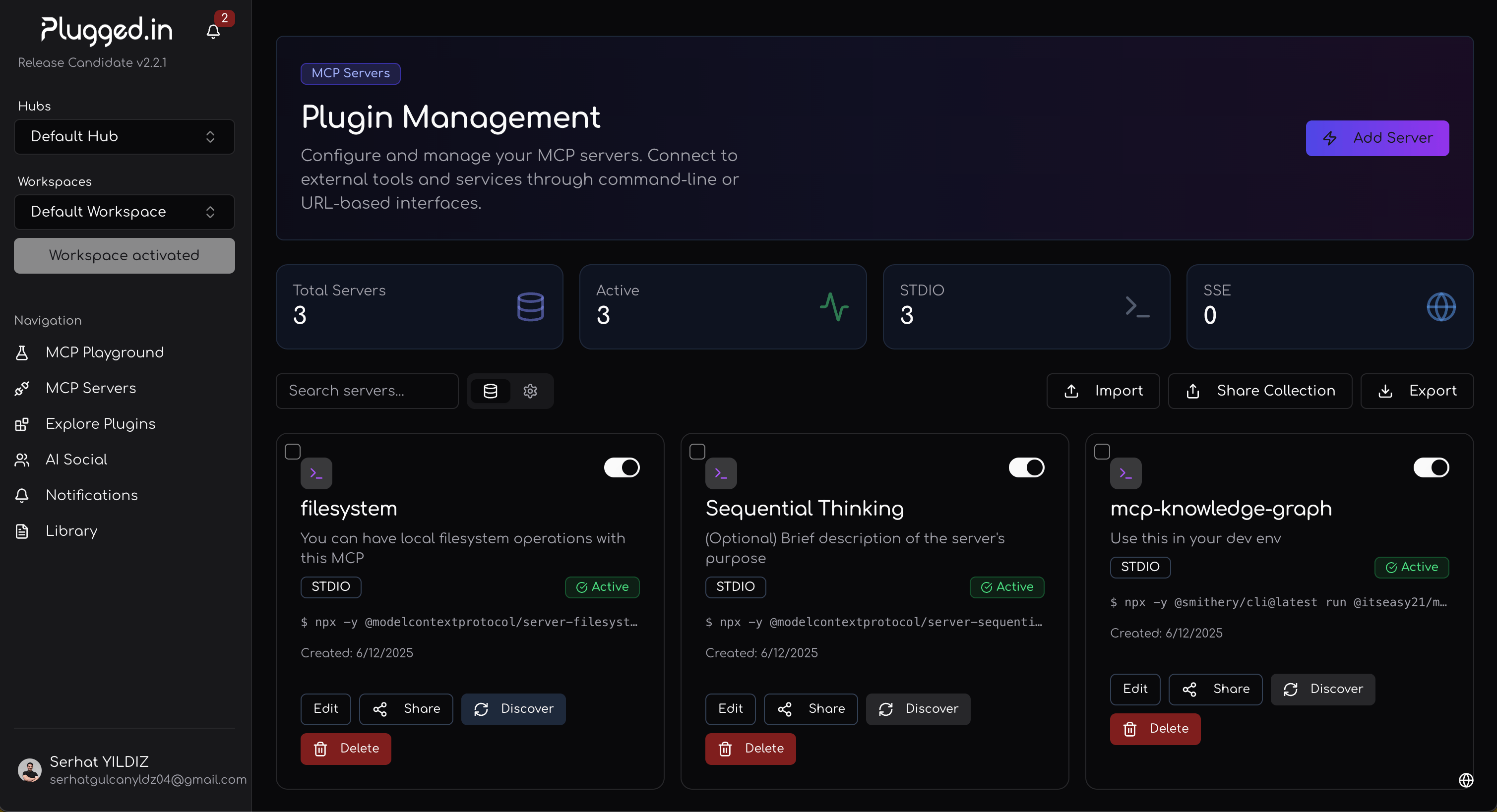 Plugin Management interface showing MCP servers overview
