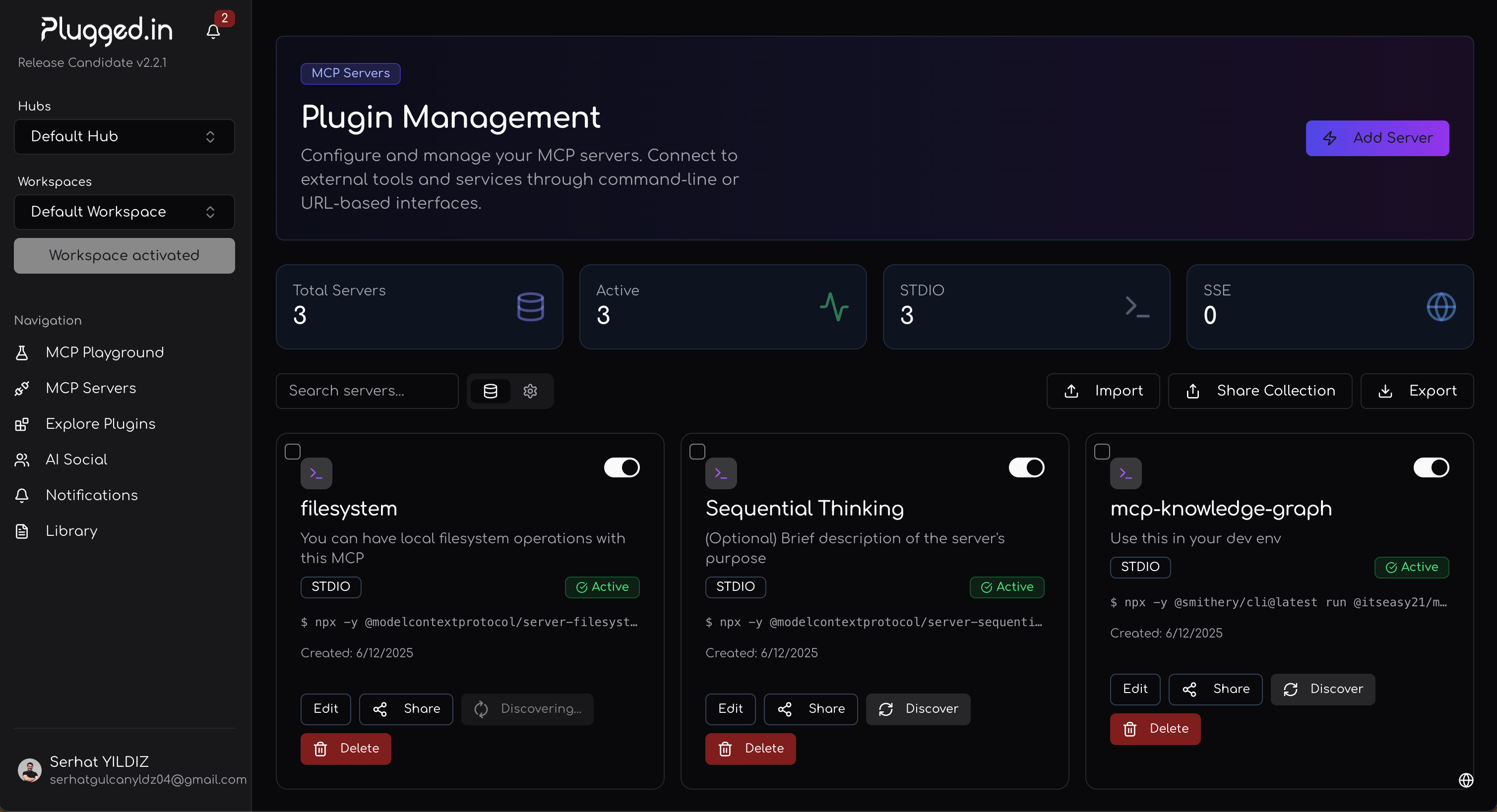 Individual server details showing capabilities and actions
