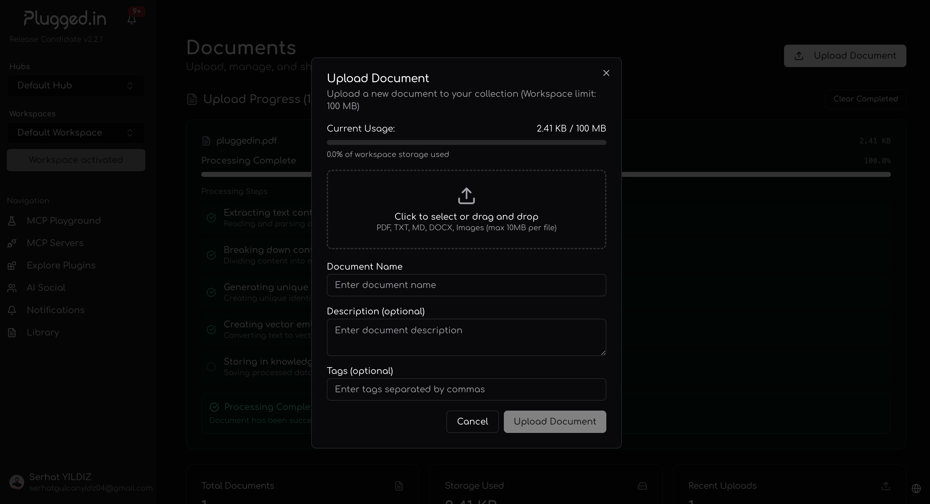 Document upload dialog with drag and drop interface